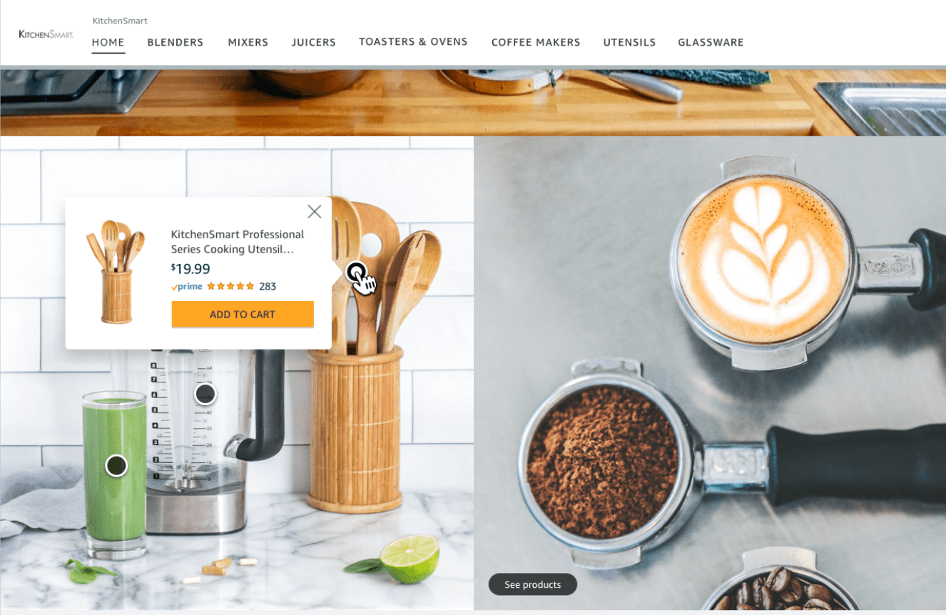 un esempio di immagine shoppable del brand store amazon con pin dinamico e pop up prodotto