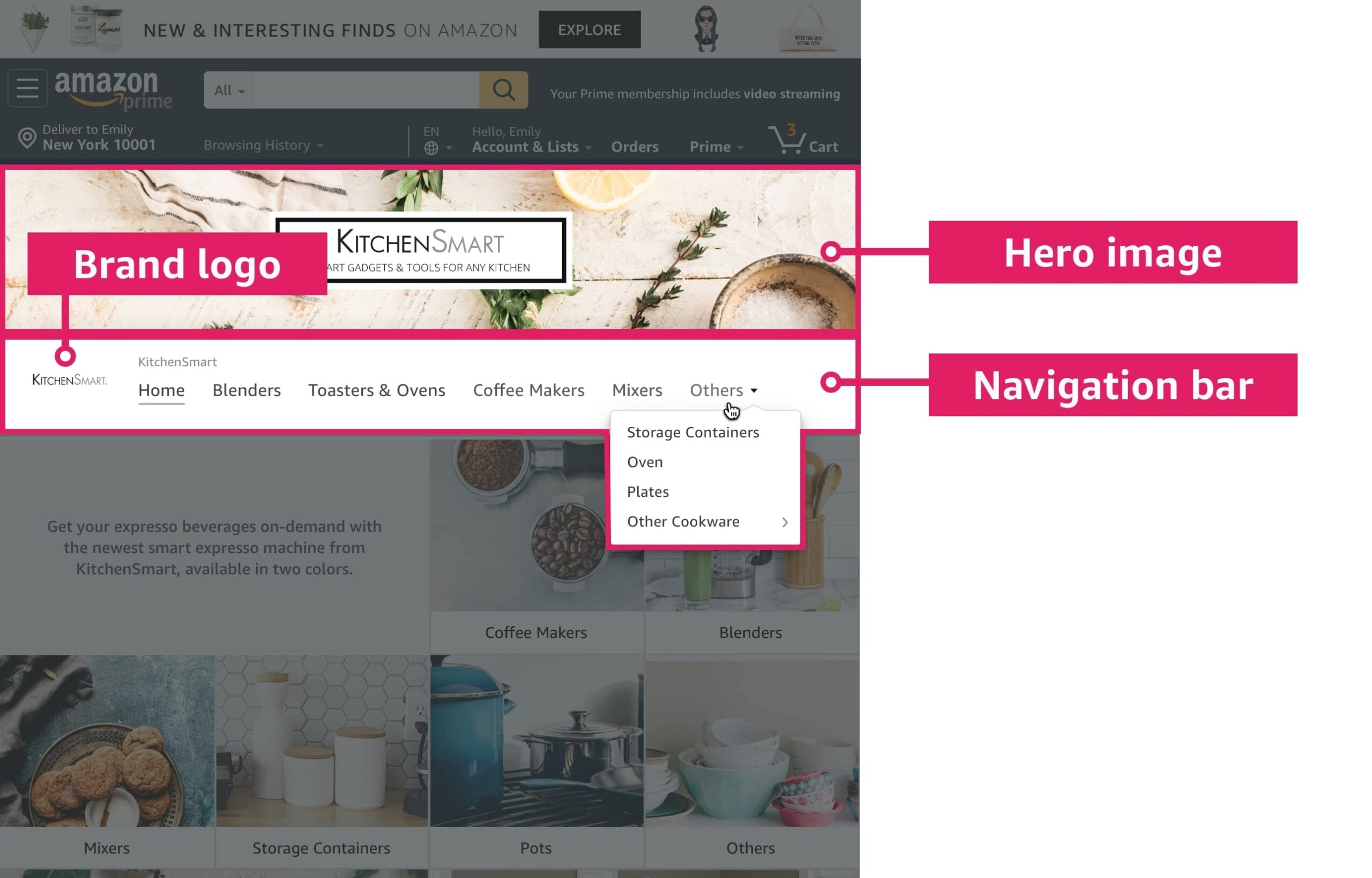 un esempio dell'immagine hero con logo per tile titolo del brand store amazon