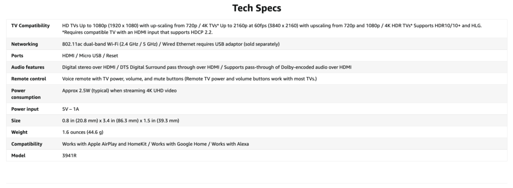 un esempio di tavola con specifiche tecniche amazon a++ presa da apple