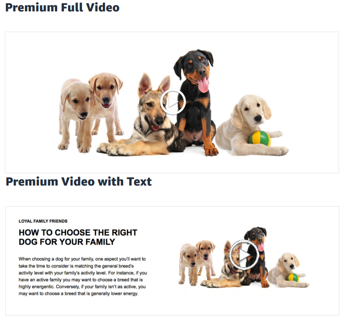 un esempio di video pieno e video con testo premium di amazon a+